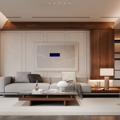 侘寂，现代，客厅，沙发组合，落地灯，盆栽，背景墙，装饰画