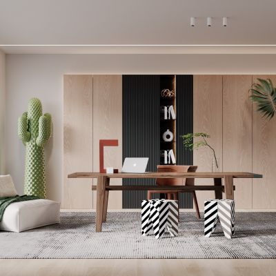 侘寂，现代，书房，书桌椅，吊灯，单椅，盆栽，书柜