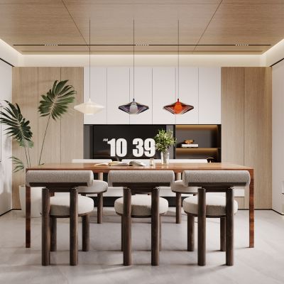  侘寂，现代，餐厅，餐桌椅，吊灯，餐边柜，橱柜