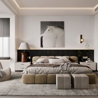  侘寂，现代，卧室，床品组合，台灯，装饰画，盆栽，背景墙