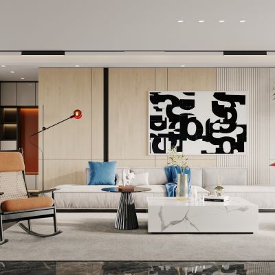 侘寂，现代，客厅，沙发组合，落地灯，盆栽，背景墙，装饰画