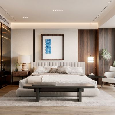  侘寂，现代，卧室，床品组合，台灯，装饰画，盆栽，背景墙