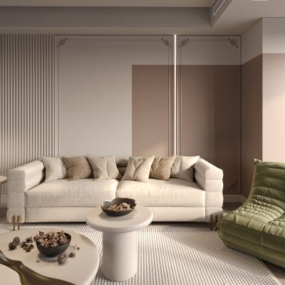 简欧奶油风沙发背景墙，沙发茶几组合，毛毛虫沙发，摆件