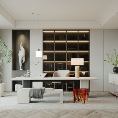 侘寂，现代，书房，书桌椅，吊灯，单椅，盆栽，书柜