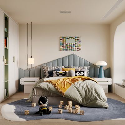 侘寂，现代，卧室，床品组合，台灯，装饰画，盆栽，背景墙