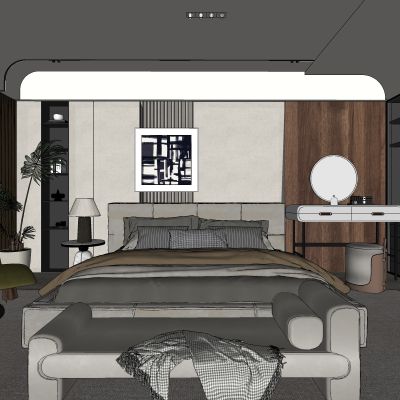 侘寂，现代，卧室，床品组合，台灯，装饰画，盆栽，背景墙