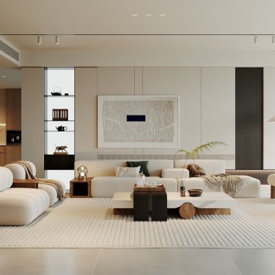 客厅，侘寂，现代，沙发组合，落地灯，盆栽，背景墙，装饰画