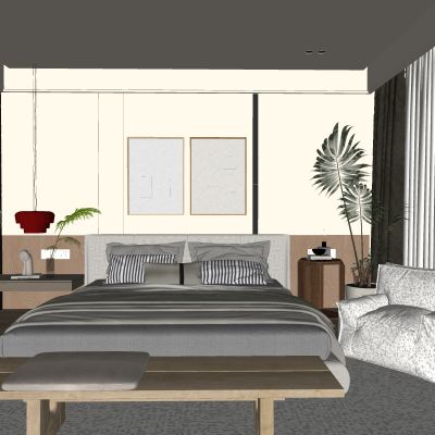 侘寂，现代，卧室，床品组合，台灯，装饰画，盆栽，背景墙