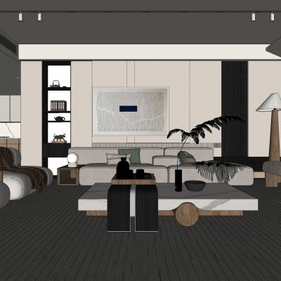 客厅，侘寂，现代，沙发组合，落地灯，盆栽，背景墙，装饰画