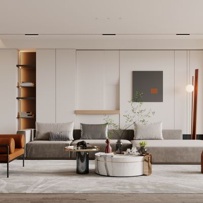 侘寂，现代，客厅，沙发组合，落地灯，盆栽，背景墙，装饰画