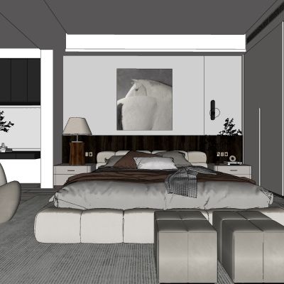 侘寂，现代，卧室，床品组合，台灯，装饰画，盆栽，背景墙