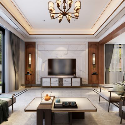 新中式别墅客厅餐厅入户玄关