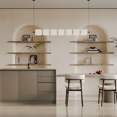 餐厅，侘寂，现代，餐桌椅，吊灯，餐边柜，橱柜