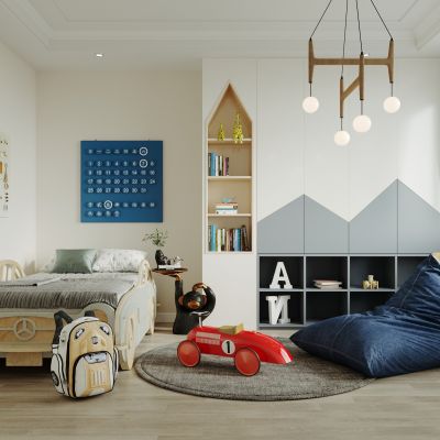 儿童房，侘寂，现代，卧室，儿童床，上下床，装饰画，盆栽，背景墙，吊灯，衣柜