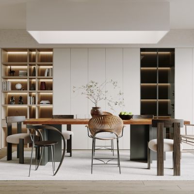 餐厅，侘寂，现代，餐桌椅，吊灯，餐边柜，橱柜