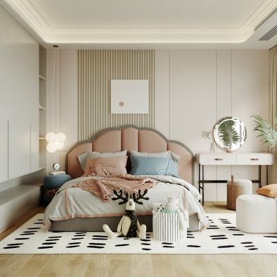 女儿房，侘寂，现代，卧室，儿童，床，装饰画，盆栽，背景墙，吊灯，衣柜