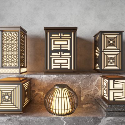 现代中式景观灯 草坪灯 庭院灯 户外灯3d模型组合