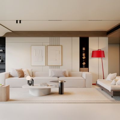 侘寂，现代，客厅，沙发组合，落地灯，盆栽，背景墙，装饰画