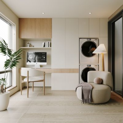 阳台，柜子，洗衣机，烘干机，储物柜，书桌椅，休闲椅，落地灯