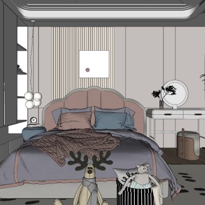 女儿房，侘寂，现代，卧室，儿童，床，装饰画，盆栽，背景墙，吊灯，衣柜