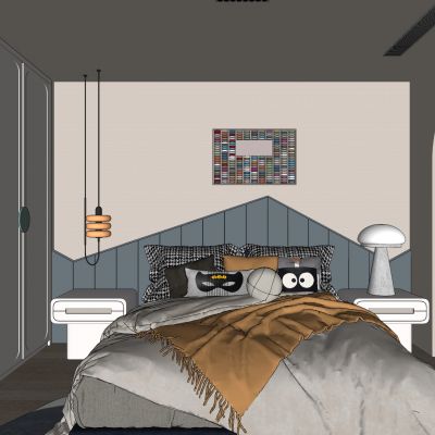 侘寂，现代，卧室，床品组合，台灯，装饰画，盆栽，背景墙