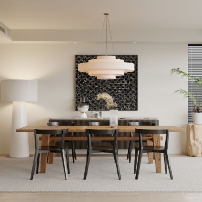 侘寂，现代，餐厅，餐桌椅，吊灯，餐边柜，橱柜