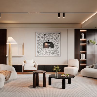 侘寂，现代，客厅，沙发组合，落地灯，盆栽，背景墙，装饰画