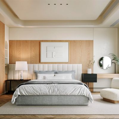 卧室，侘寂，现代，床品组合，台灯，装饰画，盆栽，背景墙