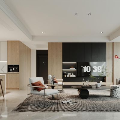 客厅，侘寂，现代，沙发组合，落地灯，盆栽，背景墙，装饰画