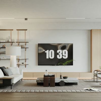 客厅，侘寂，现代，沙发组合，落地灯，盆栽，背景墙，装饰画