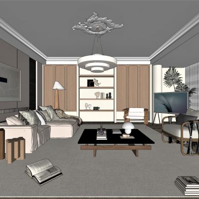 客厅，侘寂，现代，沙发组合，落地灯，盆栽，背景墙，装饰画