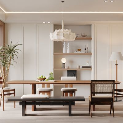 餐厅，侘寂，现代，餐桌椅，吊灯，餐边柜，橱柜，盆栽