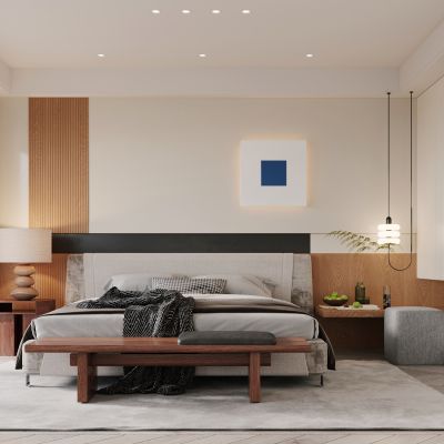 卧室，侘寂，现代，床品组合，台灯，装饰画，盆栽，背景墙