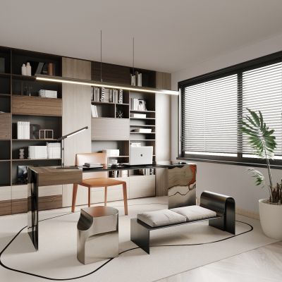 书房，侘寂，现代，书桌椅，吊灯，单椅，盆栽，书柜