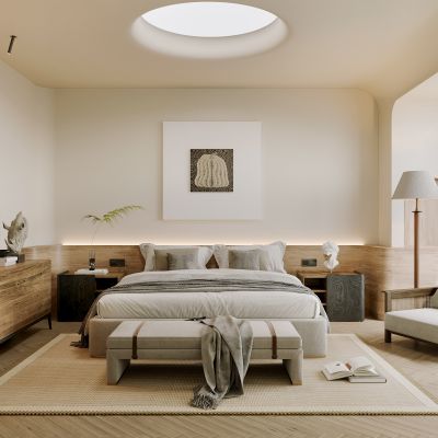 卧室，侘寂，现代，床品组合，台灯，装饰画，盆栽，背景墙