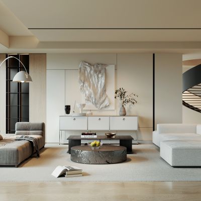 客厅，侘寂，现代，沙发组合，落地灯，盆栽，背景墙，装饰画