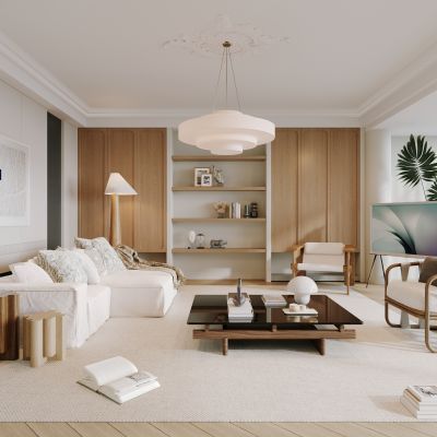 客厅，侘寂，现代，沙发组合，落地灯，盆栽，背景墙，装饰画