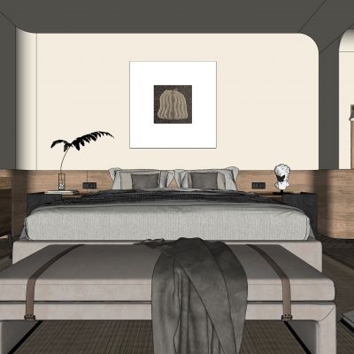 卧室，侘寂，现代，床品组合，台灯，装饰画，盆栽，背景墙