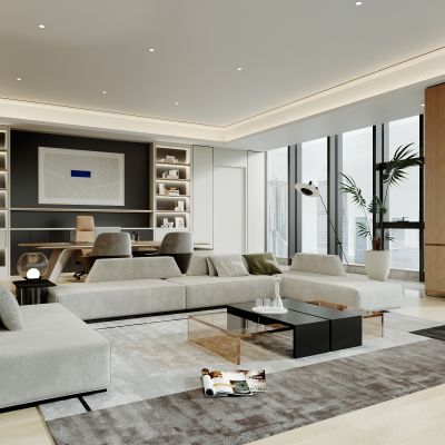 总经理室，现代，班台，柜子，沙发组合，盆栽