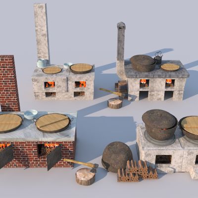 农村灶台组合 柴火灶 锅炉 厨具3D模型
