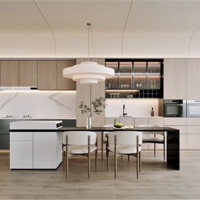 开放式厨房，餐厅，中岛，侘寂，现代，餐桌椅，吊灯，餐边柜，橱柜