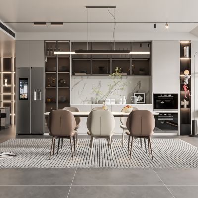 现代家居餐厅 餐桌椅组合 酒柜组合 吊灯 地毯 饰品