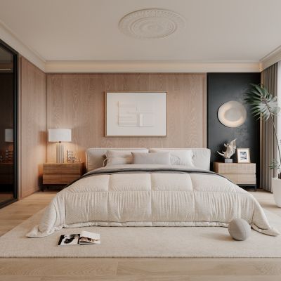 卧室，侘寂，现代，床品组合，台灯，装饰画，盆栽，背景墙