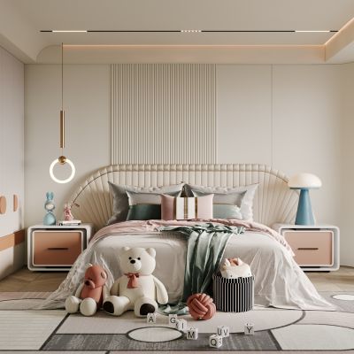 侘寂，现代，卧室，床品组合，台灯，装饰画，盆栽，背景墙