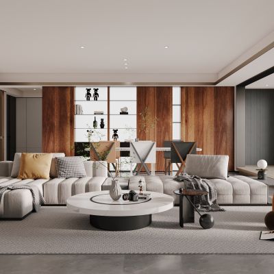 侘寂，现代，客厅，沙发组合，落地灯，盆栽，背景墙，装饰画