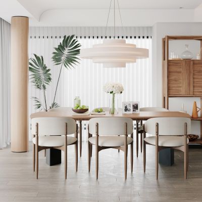 餐厅，侘寂，现代，餐桌椅，吊灯，餐边柜，橱柜，盆栽