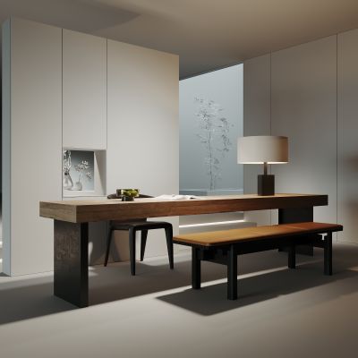 书房，书桌椅，台灯，饰品，绿植，盆栽，造型墙，高级灰，样板房