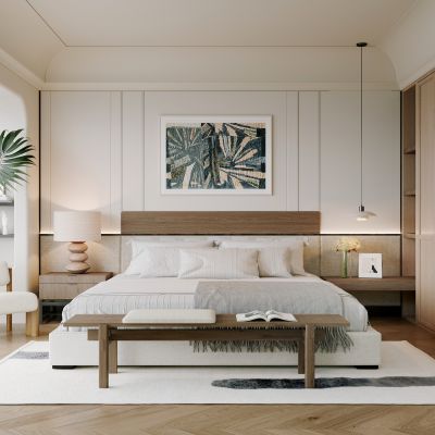  卧室，侘寂，现代，床品组合，台灯，装饰画，盆栽，背景墙