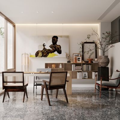 茶室，书房，侘寂，现代，书桌椅，吊灯，单椅，盆栽，书柜，地下室