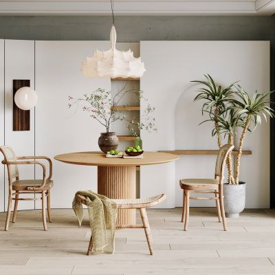 餐厅，侘寂，现代，餐桌椅，吊灯，餐边柜，橱柜，盆栽